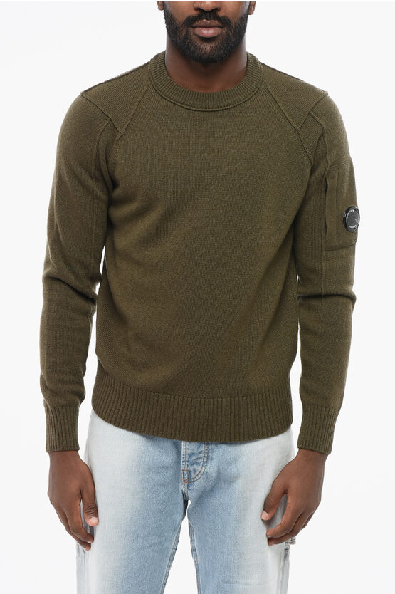 C.p. Company Wool Blend Crew-neck Sweater With Sleeve Pocket In Green
