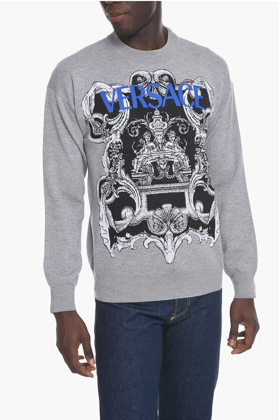 Versace Wool-blend Crewneck Sweater With Logo Print In Gray