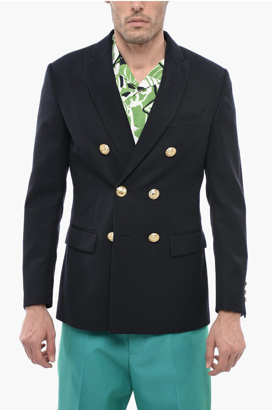 Palm Angels Wool Blend Double-breasted Blazer With Palm Embroidery In Black