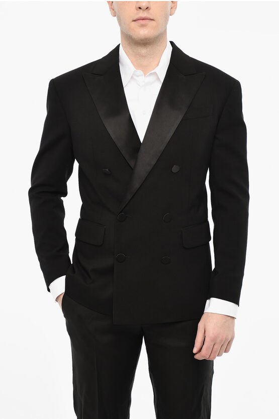 Dsquared2 Wool Blend Double Breasted Blazer With Satin Peak Lapel