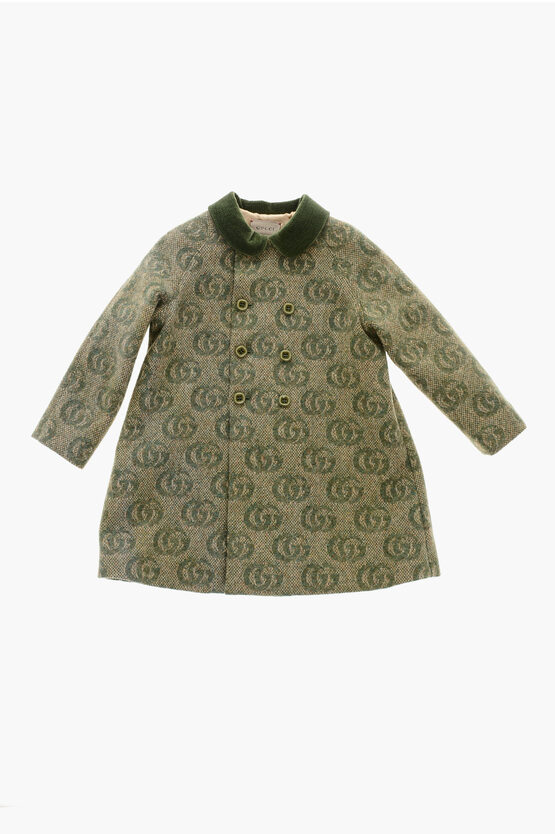 Gucci Wool Blend Double Breasted Coat With All-over Monogram In Green