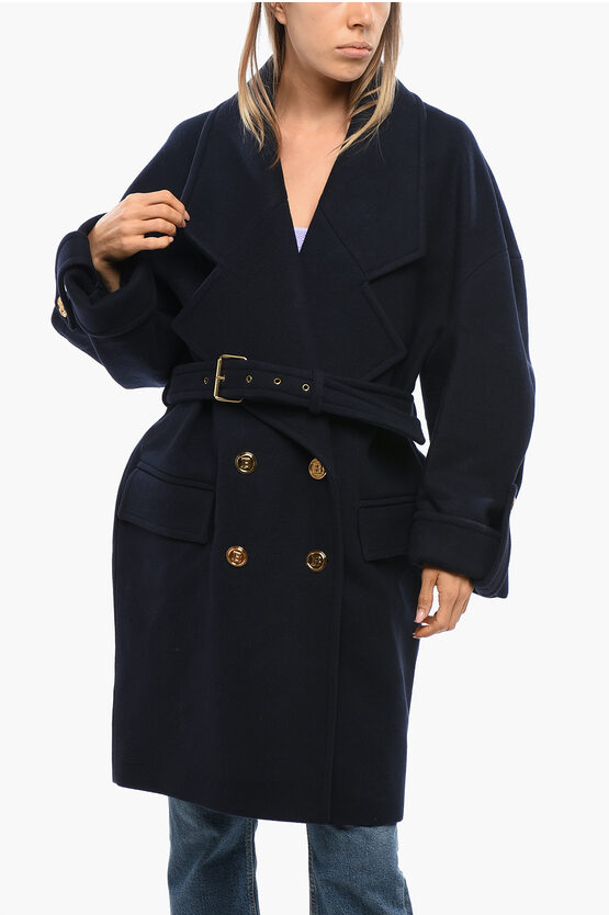 Balmain Wool Blend Double-breasted Coat With Belt In Blue