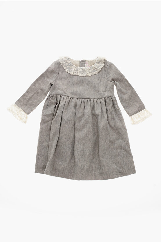 Bonpoint Wool Blend Flavie Shirt Dress With Macrame' Lace Details In Gray