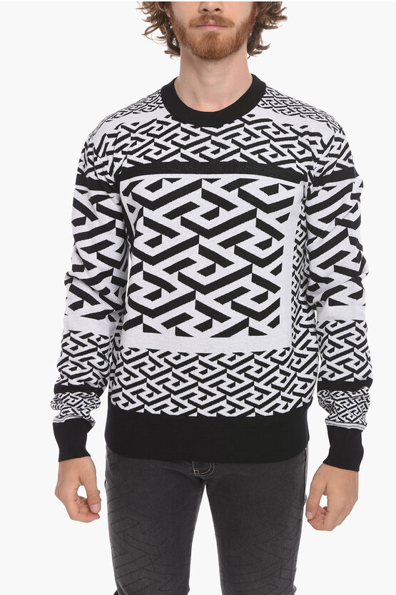 Versace Wool-blend Jacquard Crewneck Sweater In Black