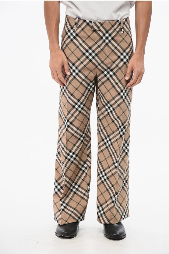 Burberry Wool Blend Trouser With Iconic Check Print In Neutral