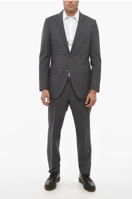 Etro Wool Blend Plaid Check Suit With Flap Pockets In Grey