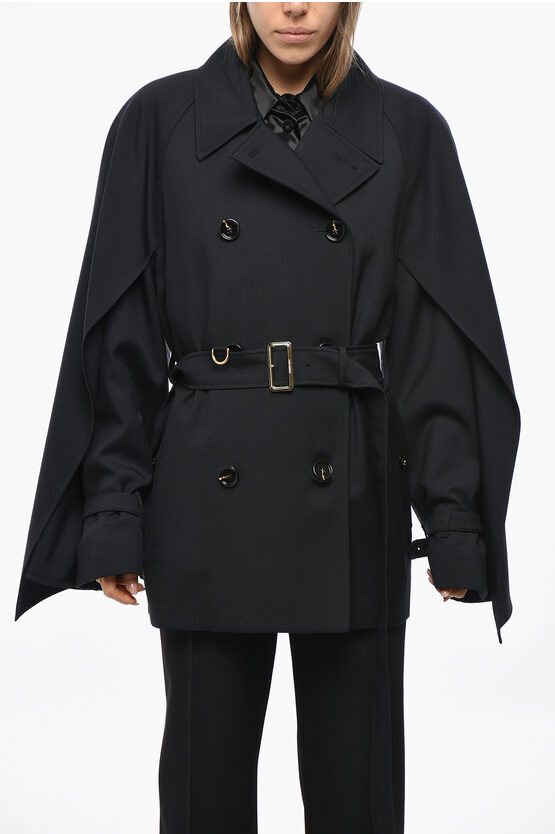 Burberry Wool Blend Short Trench Coat With Cape Sleeves