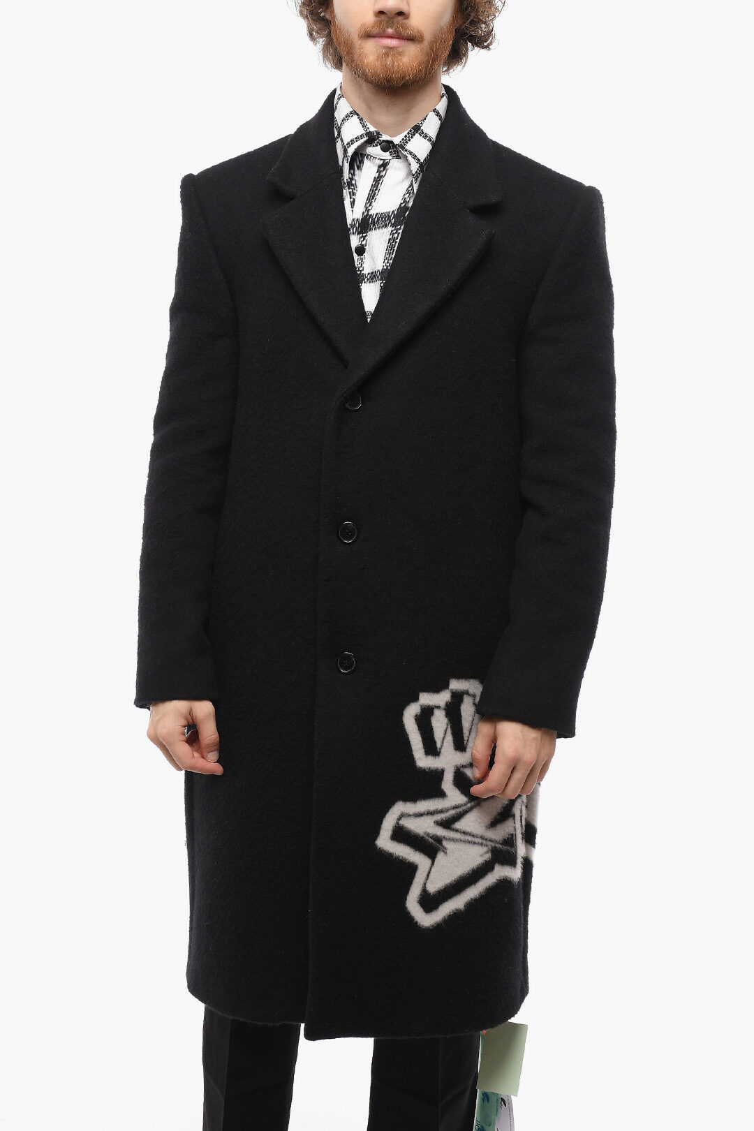 Off-White Wool Blend Single-breasted Coat with Graffiti