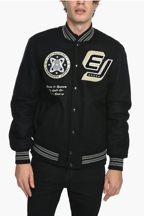 Enterprise Japan Wool Blend Varsity Bomber Jacket With Patches In Black