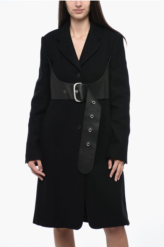 Shop Off-white Wool Blended Flared Coat With Leather Belt