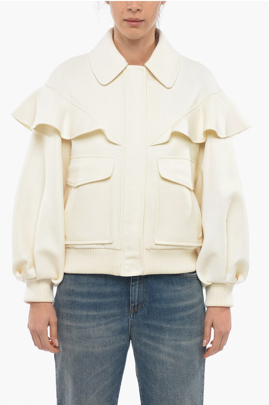 Chloé Wool Bomber With Shoulder Ruffle In Neutral