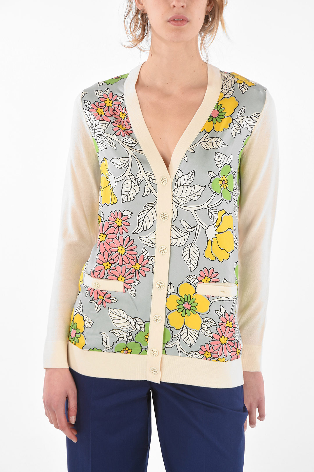 Tory Burch Wool BOYFRIEND Cardigan with Floral Printed Silk Front Panel  women - Glamood Outlet