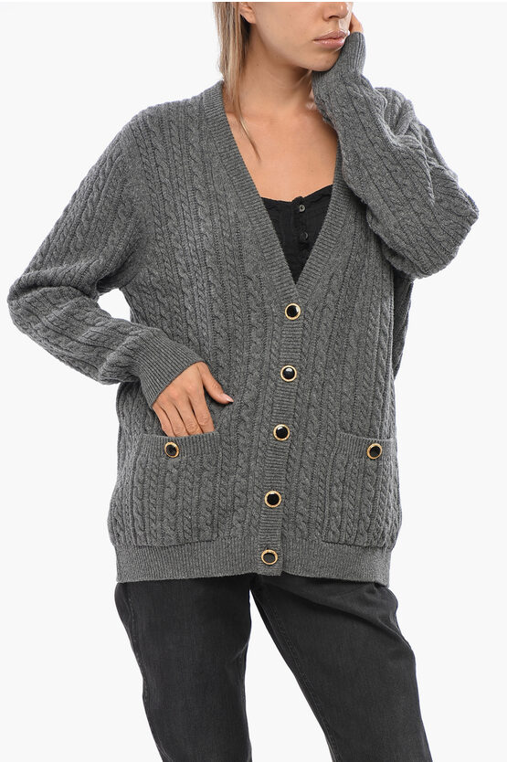 Alessandra Rich Wool Cable Knit Oversized Cardigan With Jewel Buttons In Gray
