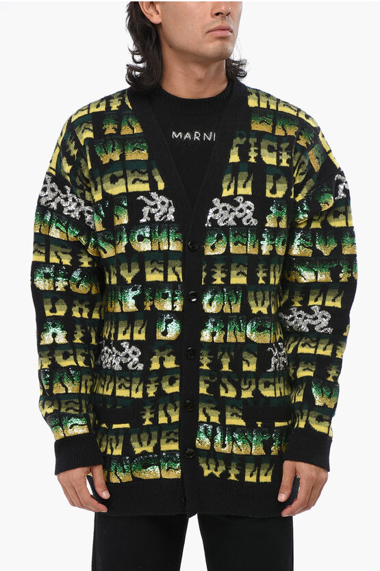 Celine Wool Cardigan Embellished With Sequins In Black