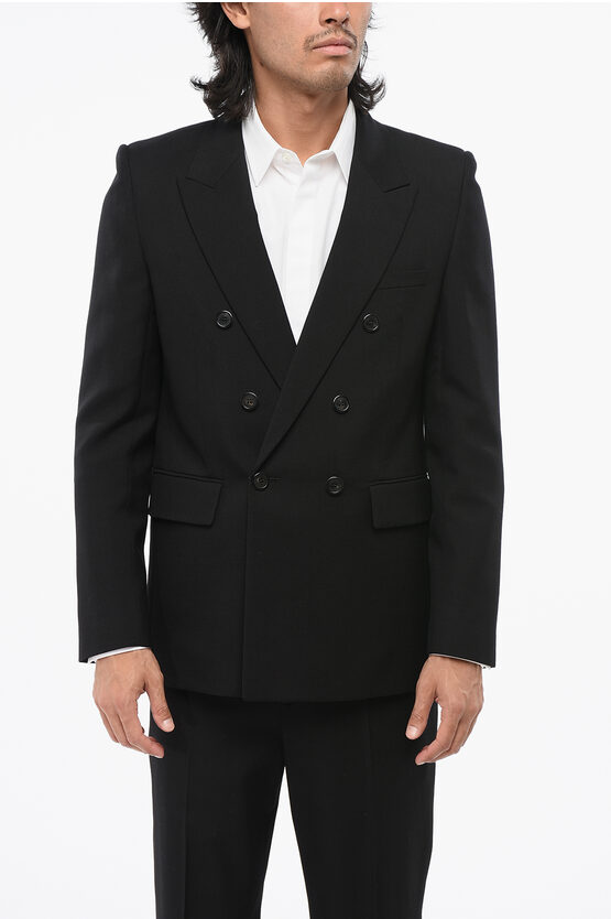 Saint Laurent Wool Center Vent Peak Lapel Double-breasted Blazer In Black