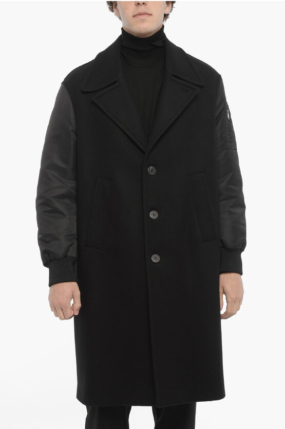 Neil Barrett Wool Coat With Nylon Sleeves In Black