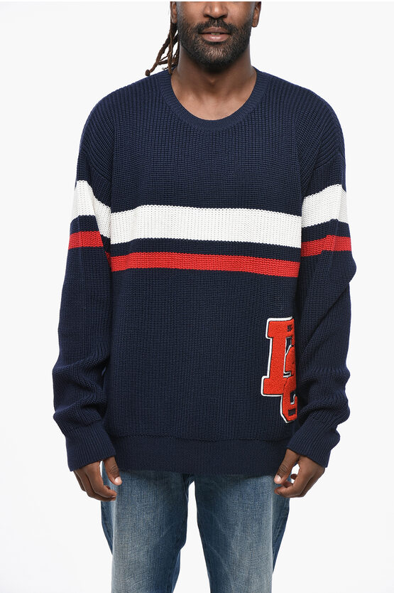 Dsquared2 Wool Crew-neck Sweater With Logoed Patch In Blue