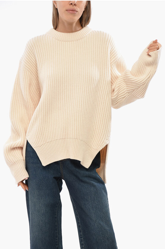 Jil Sander Wool Crew-neck Sweater With Side Split In Neutral