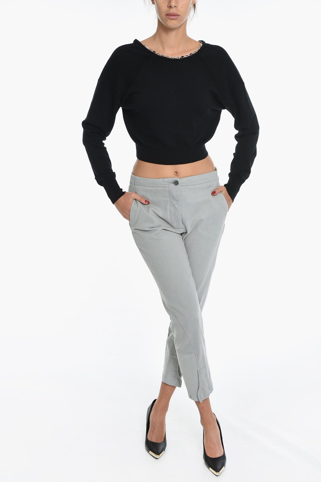 【関税込み】Rabanne ブラック クロップド セーター Paco Rabanne Wool Crop Sweater with Chain Detail women