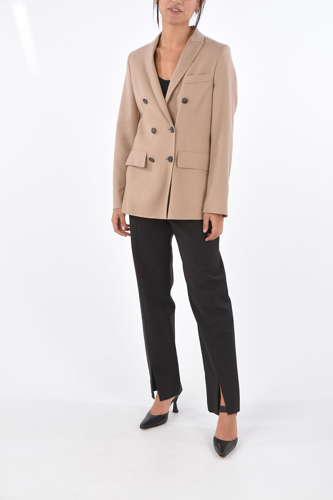 tan double breasted blazer