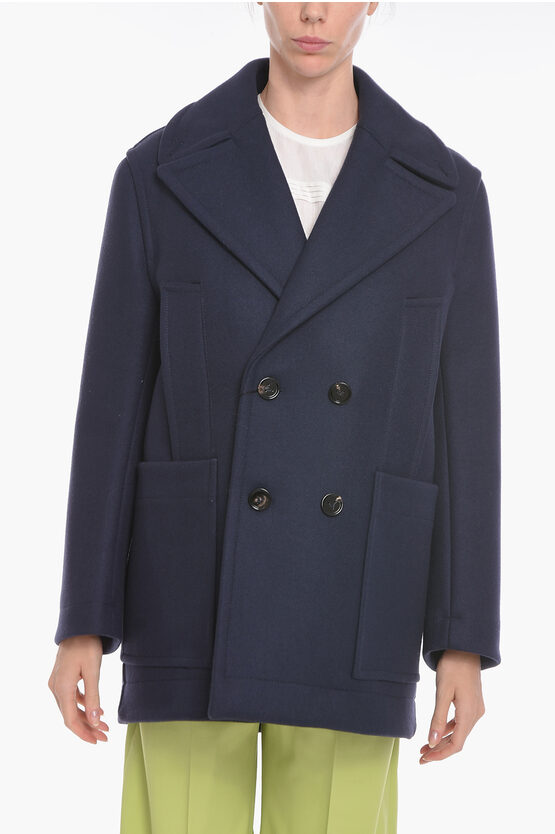 Bottega Veneta Wool Double-breasted Coat With Maxi Pockets In Blue
