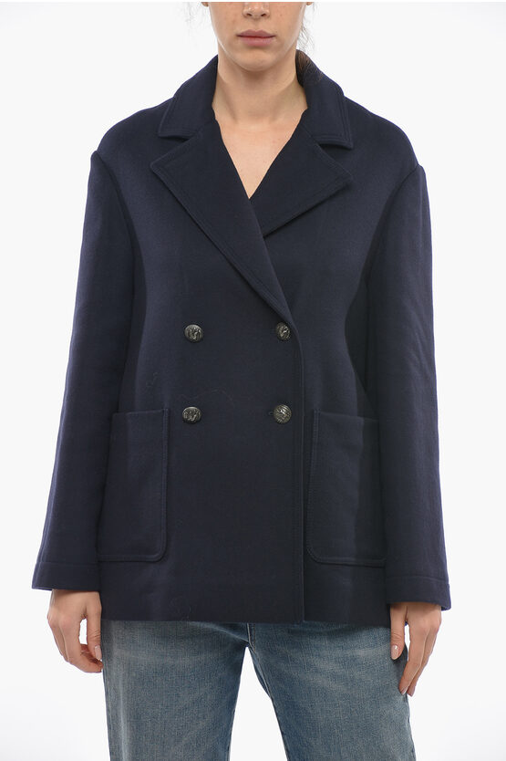 Etro Wool Double Breasted Coat With Patch Pocket In Blue