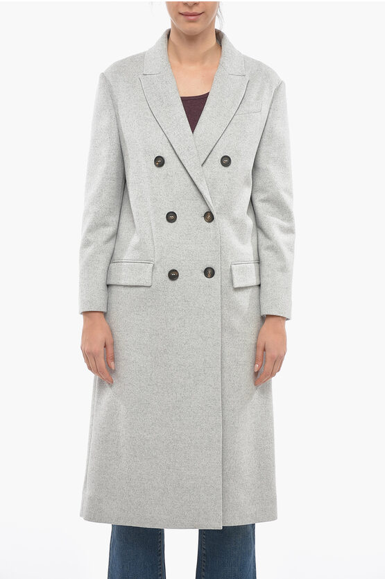 Brunello Cucinelli Wool Double Breasted Coat With Peak Lapel In Gray