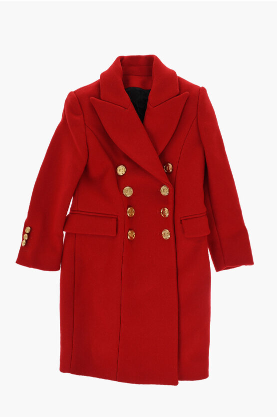 BALMAIN WOOL DOUBLE BREASTED COAT WITH PEAK LAPEL