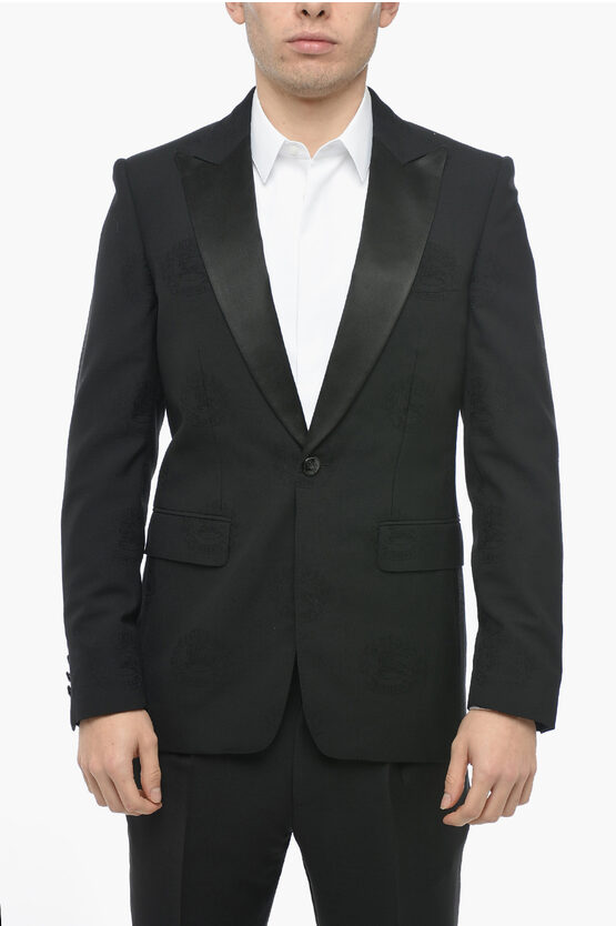 Burberry Wool Embroidered Blazer With Peak Lapel In Black