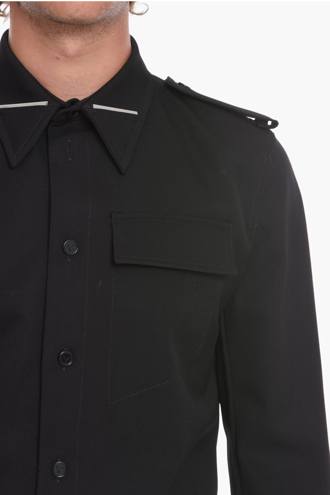 Bottega Veneta Wool-grain-de-poudre Military Shirt with Triangle