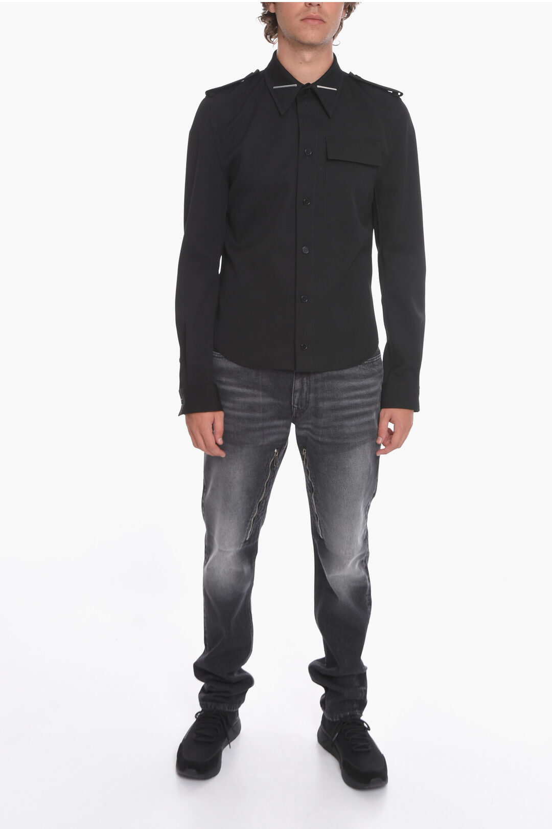 Bottega Veneta Wool-grain-de-poudre Military Shirt with Triangle