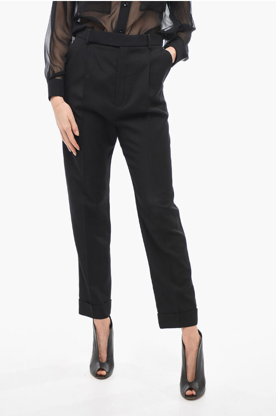 Saint Laurent Wool High-waisted Pants With Front Pleats In Black