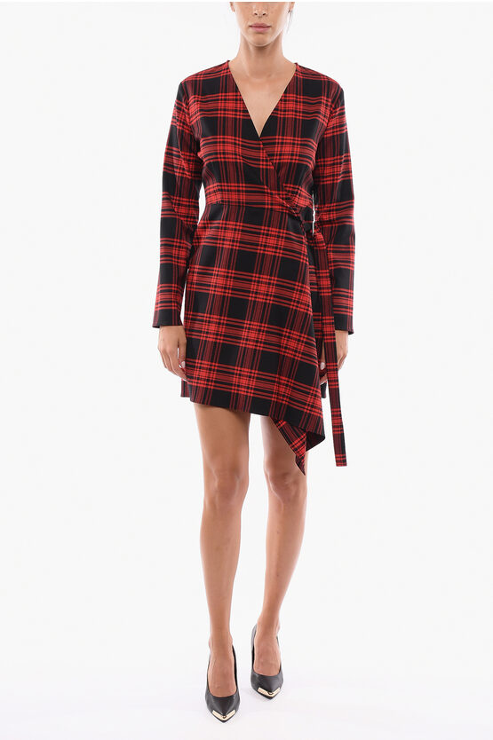 P.a.r.o.s.h Wool Lack Wrap-around Flared Dress In Tartan Motif In Red
