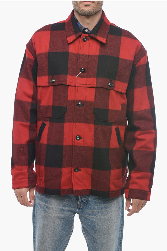 Shop Woolrich Wool Overshirt With Check Pattern