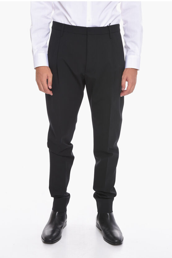 Dsquared2 Wool Pleat-front Trousers With Dropped Crotch In Black
