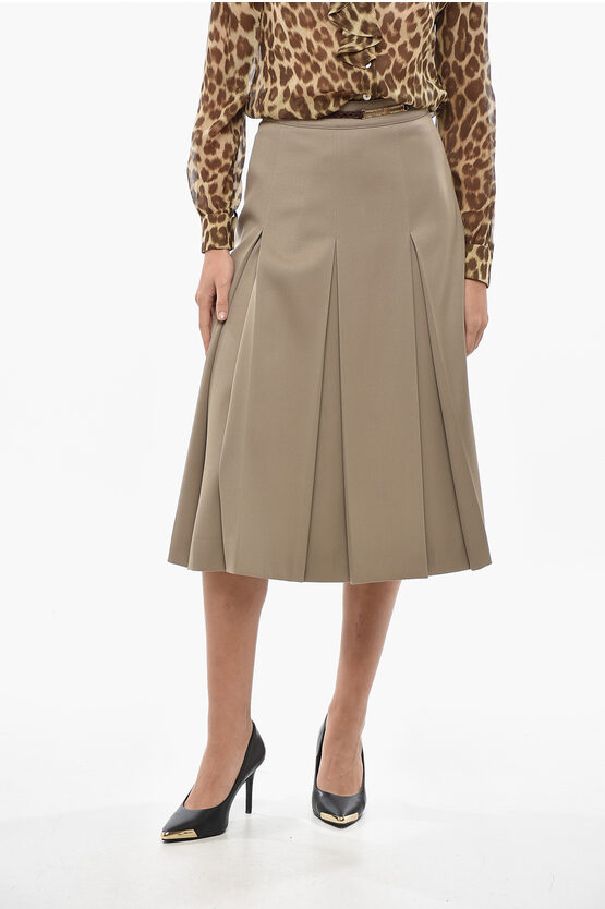 Celine Wool Pleated Midi Skirt With Logoed Detail In Brown