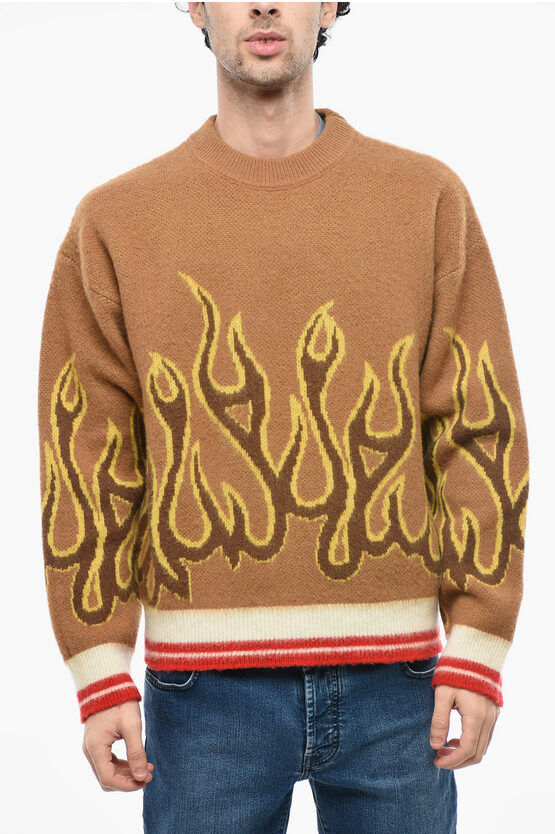 Palm Angels Wool Pullover With Flame Pattern In Brown