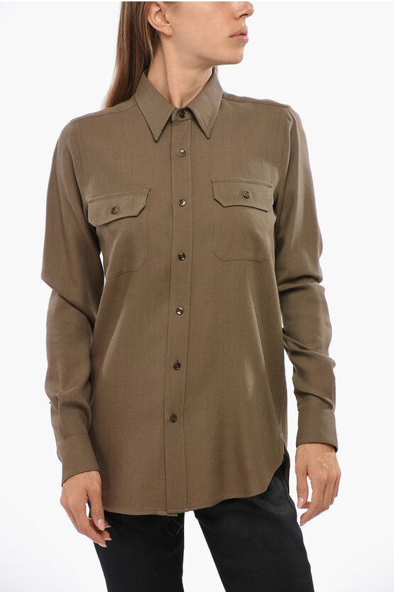 Saint Laurent Wool Shirt With Double Breast Pockets In Brown