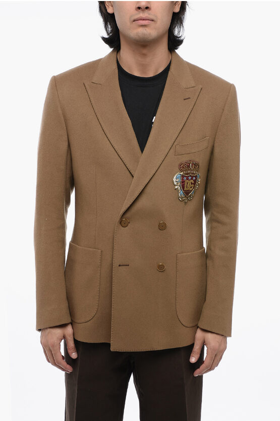 Dolce & Gabbana Wool Single Breasted Blazer With Coat Of Arms Embroidery In Brown