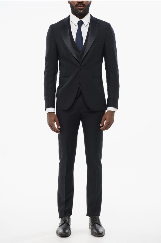 Corneliani Wool Single Breasted Blazer With Satin Lapel In Blue