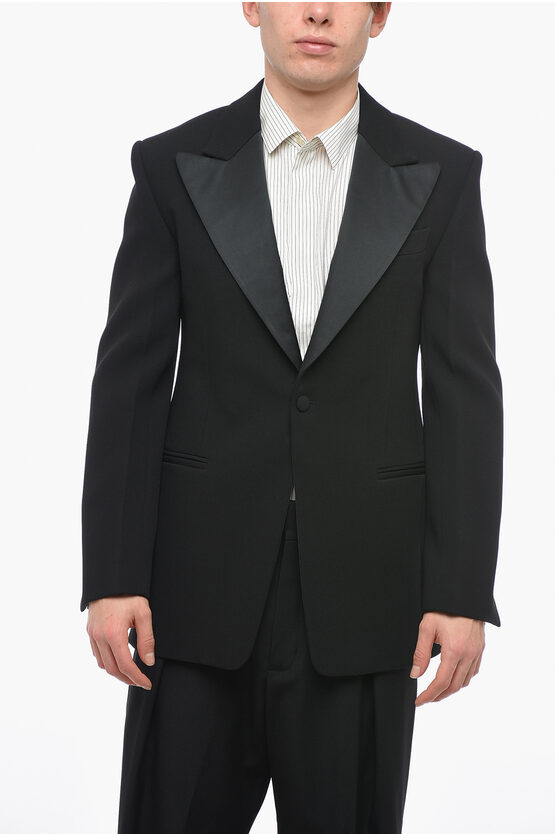 Ferragamo Wool Slim Fit Blazer With Satin Peak Lapel In Black