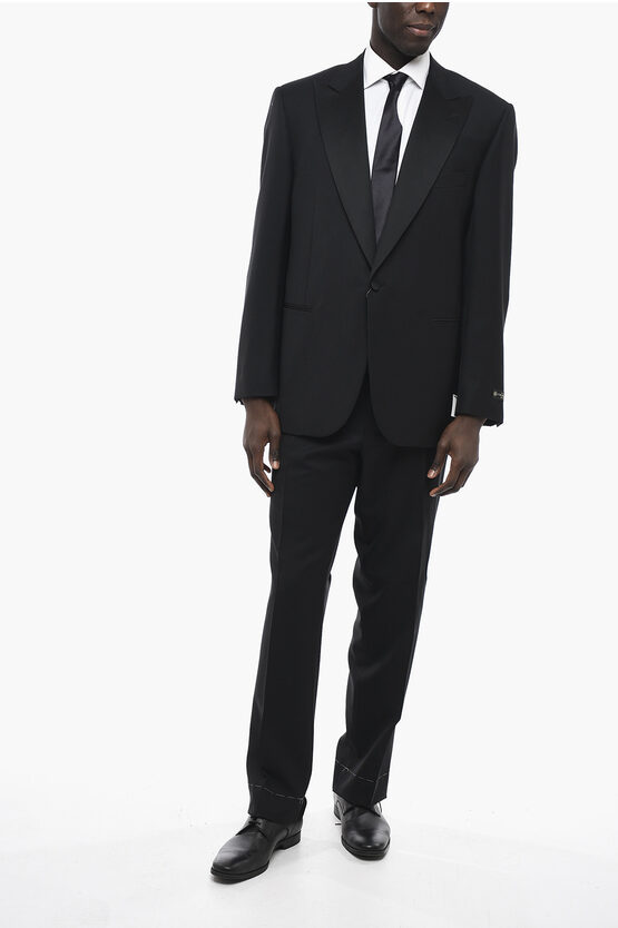 Corneliani Wool Smoking Leader Suit With Satin Details In Black