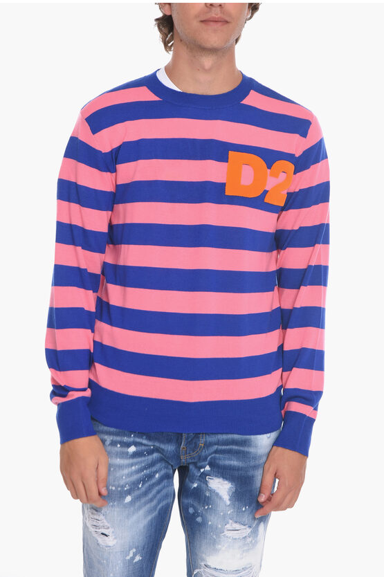 Dsquared2 Wool Striped Sweather With Flocked Logo In Blue