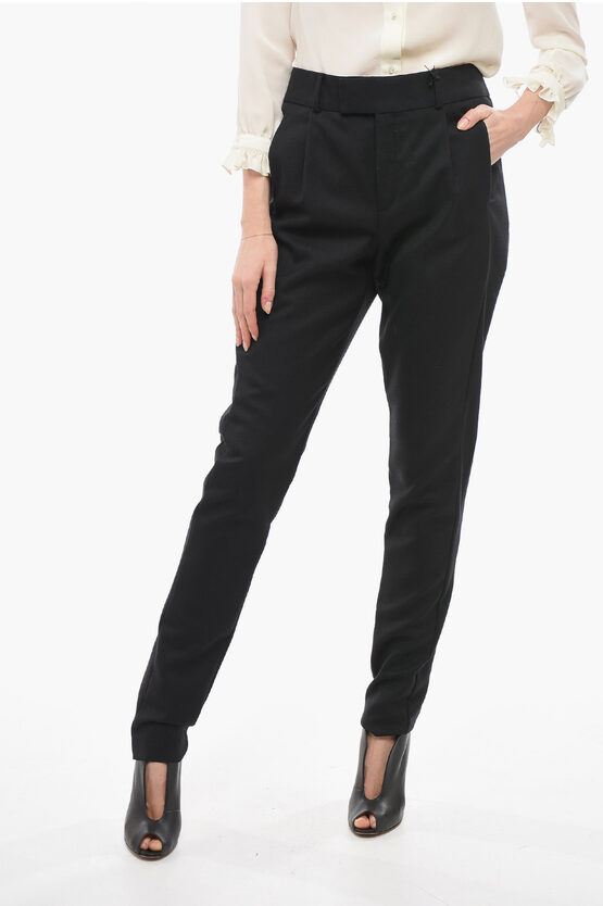 Saint Laurent Wool Twill Pleated Skinny Fit Pants In Black