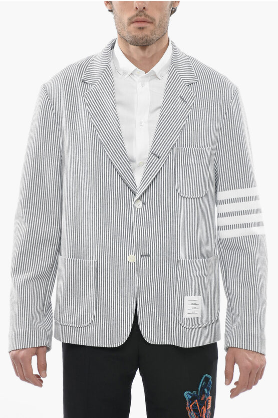 Thom Browne Wool Unlined Blazer With Striped Pattern In Grey