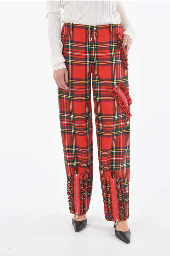 Molly Goddard Wool Wide Leg Half-lined Tartan Trousers With Zip In Red
