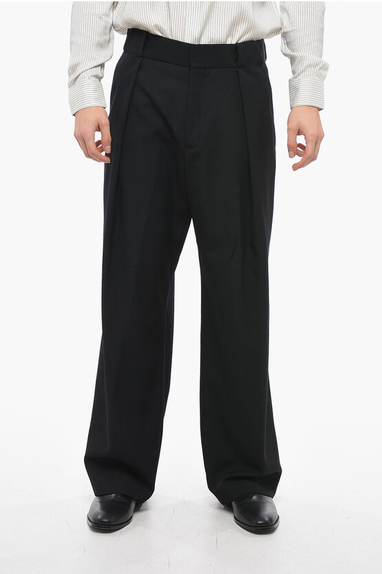 Balmain Wool Wide-leg Pants With Front Pleats In Black