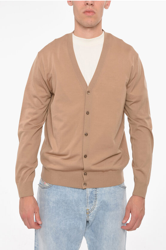 Prada Worsted Wool V-neckline Cardigan With Ribbed Detailing In Brown