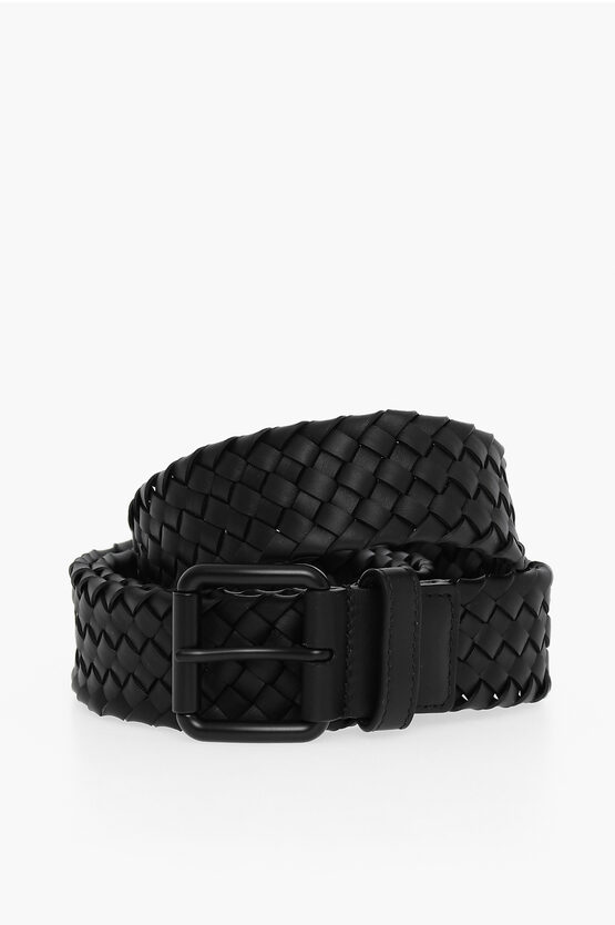 Bottega Veneta Woven Leather Belt With Brass Buckle In Black
