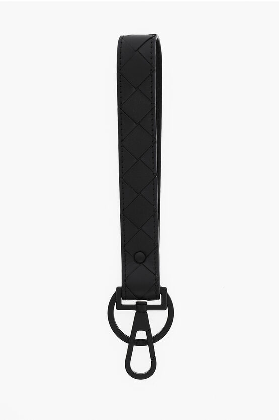 Bottega Veneta Woven Leather Key Ring With Carabiner In Black